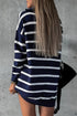 Striped O-Ring Zip Front Collared Drop Shoulder Long Sleeve Sweater Dress